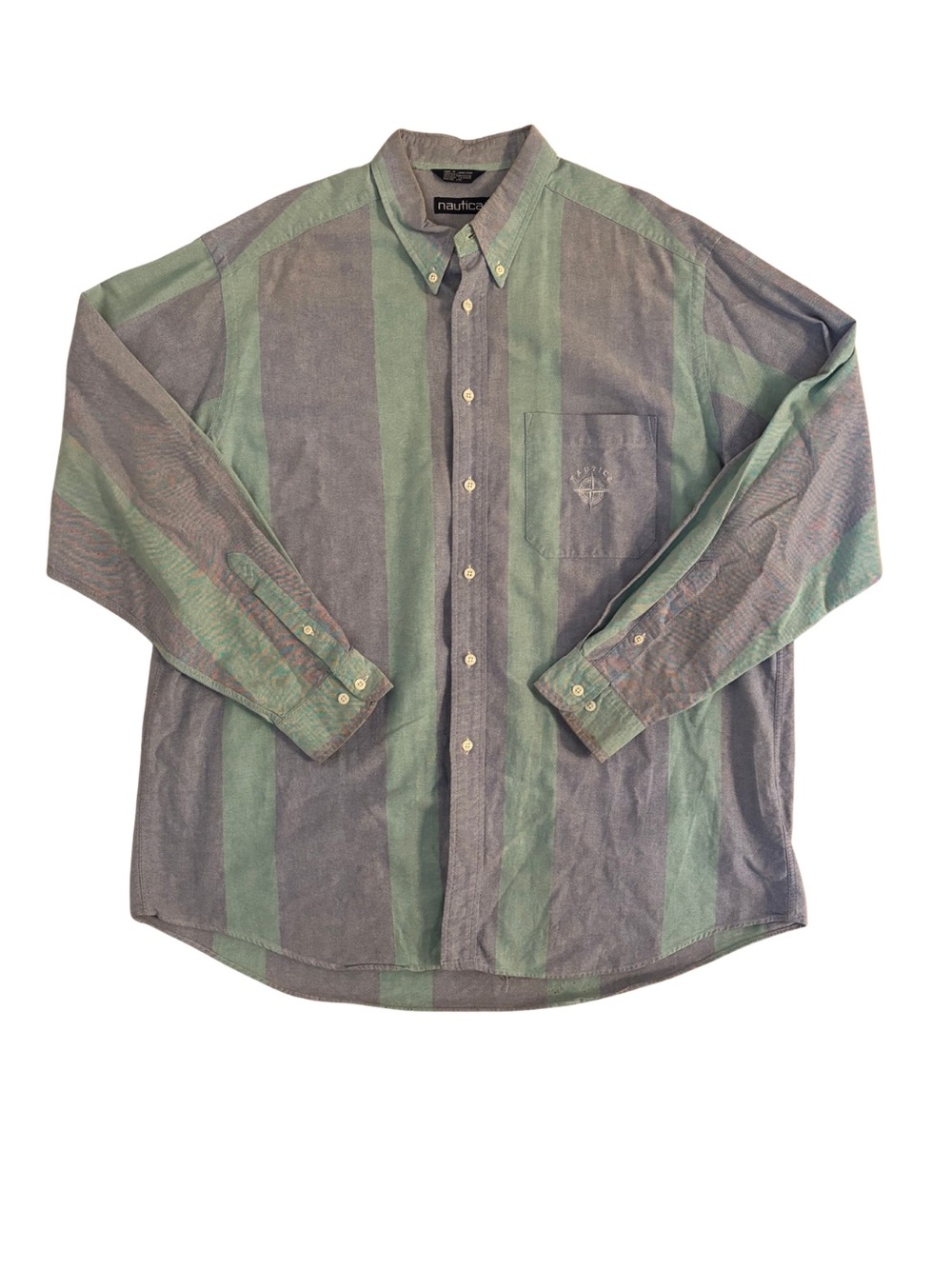 2000’s Nautica Blue and Green Vertical Stripe Button-Down Shirt